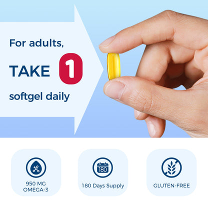 Vitamin World Triple Strength Omega 3 Fish Oil 1360 mg Supplement, 950 mg Active Omega-3 Fatty Acids with EPA & DHA, Supports Heart, Brain & Joint Health, Gluten Free, 180 Softgels, 6 Months Supply