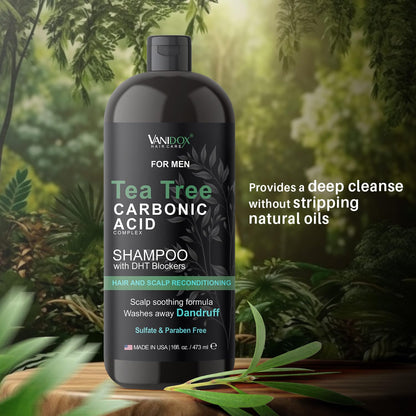 Vanidox Tea Tree Shampoo with Organic Tea Tree Oil and Carbonic Acid - For Men's Itchy and Dry Scalp, Fights Hair Loss, Stimulates Growth - With DHT Blockers (16 FL Oz)