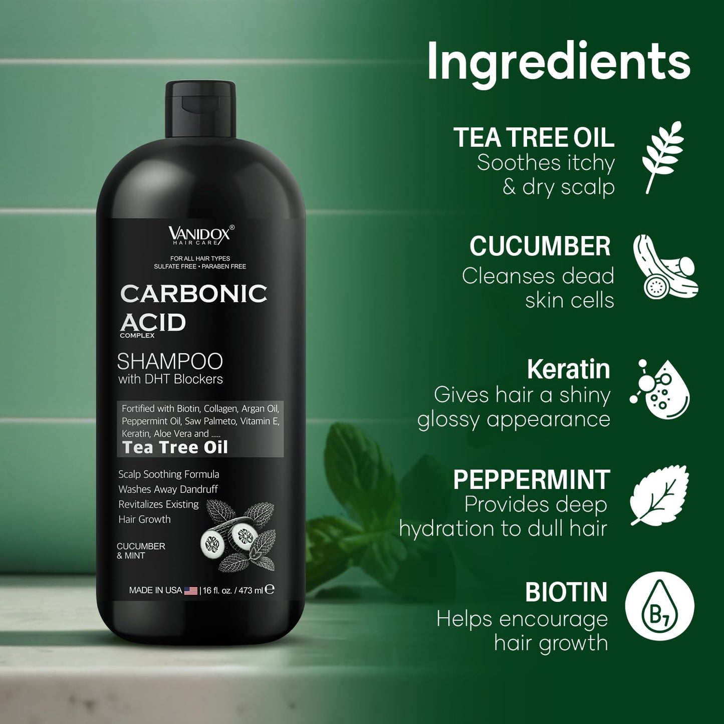 VANIDOX Carbonic Acid Shampoo for Men and Women with DHT Blockers - Made in USA - Stimulates Hair Growth, Scalp Exfoliator, Sulfate Free Shampoo with Biotin and Tea Tree Oil (16 Fl Oz)