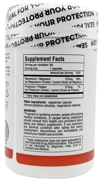 Magnesium Citrate + Potassium 60 Premium Vegan Capsules(Citrate 375 mg) + (375mg Potassium) Non GMO, Gluten Free - High Absorption Supplement Made in USA