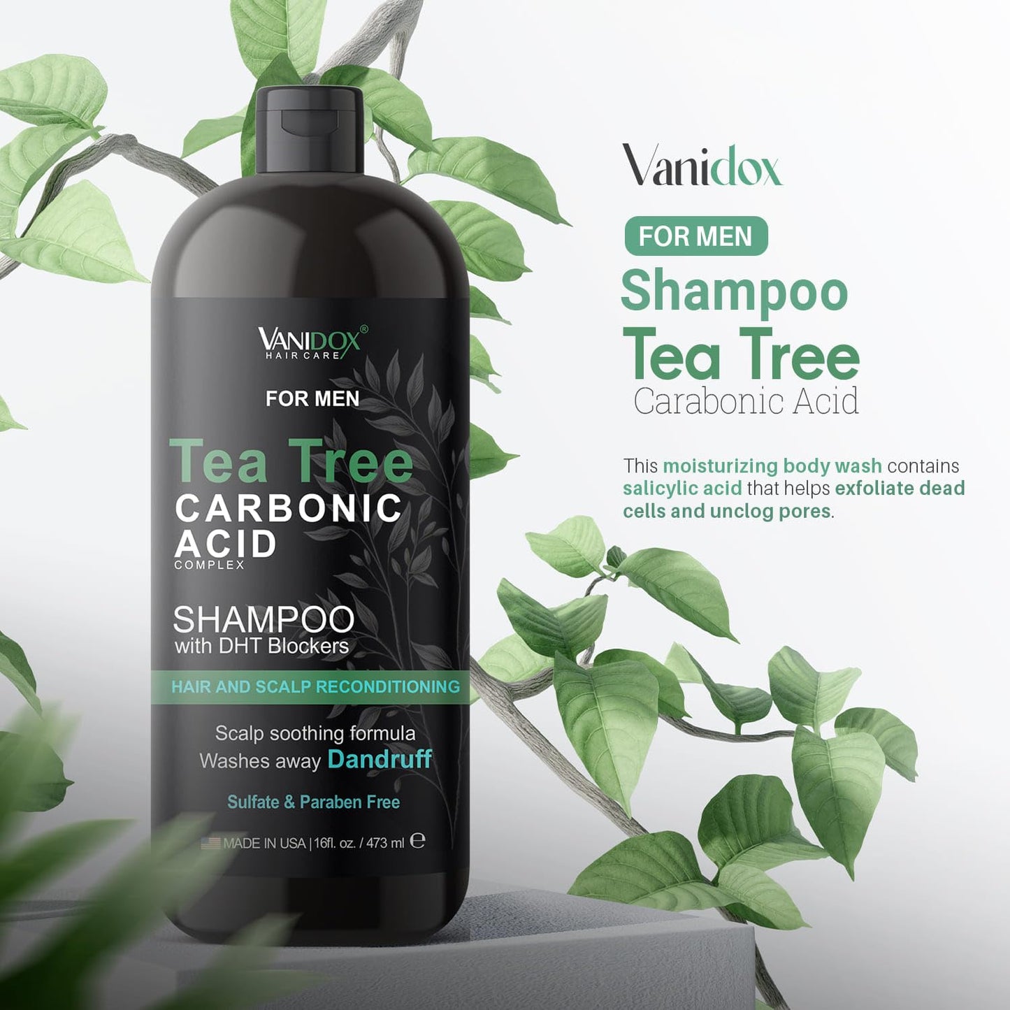Vanidox Tea Tree Shampoo with Organic Tea Tree Oil and Carbonic Acid - For Men's Itchy and Dry Scalp, Fights Hair Loss, Stimulates Growth - With DHT Blockers (16 FL Oz)