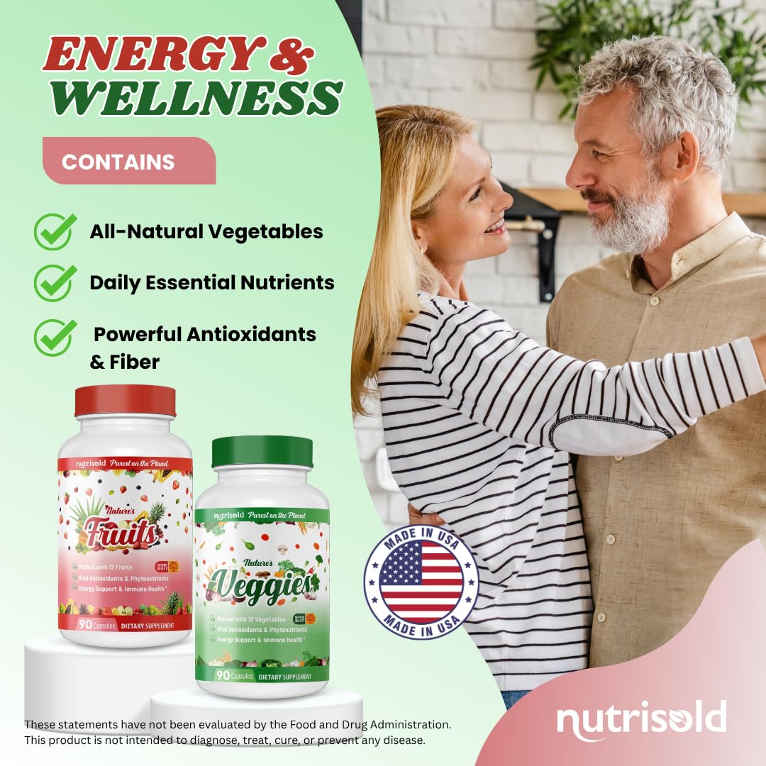 Nutrisold Whole Food Fruits & Vegetables Supplement – Superfood Blend for Energy, Digestion & Immune Support – 90 Fruit & 90 Veggie Capsules – Made in USA