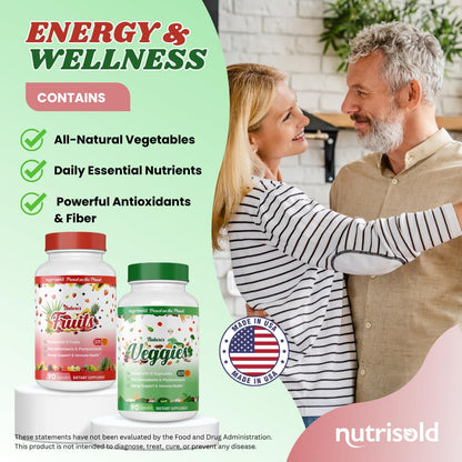 Nutrisold Whole Food Fruits & Vegetables Supplement – Superfood Blend for Energy, Digestion & Immune Support – 90 Fruit & 90 Veggie Capsules – Made in USA