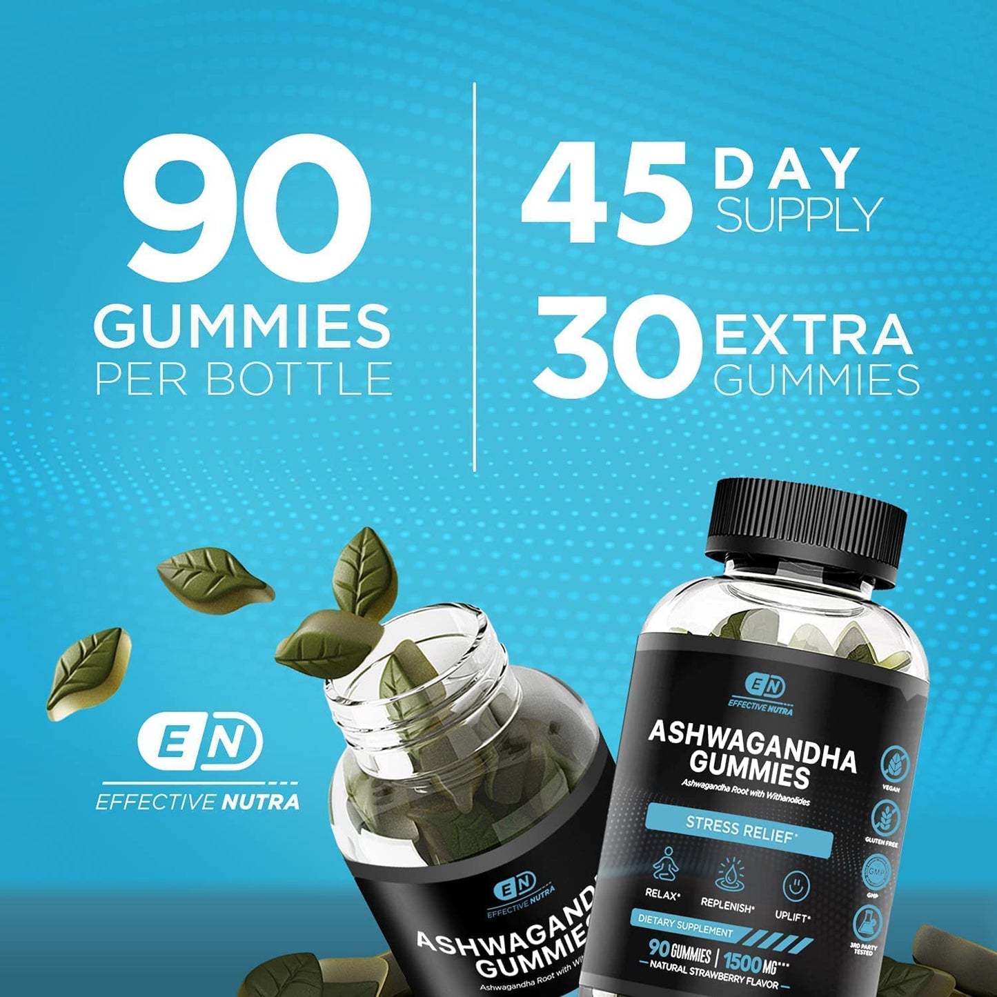 EFFECTIVE NUTRA Ashwagandha Gummies 1500mg | Stress Relief, Immune Support, Calm Mood, Energy | Natural Berry Flavor | 45-Day Supply | Vegan, Gluten-Free, Non-GMO | Supplement for Men & Women (90ct)