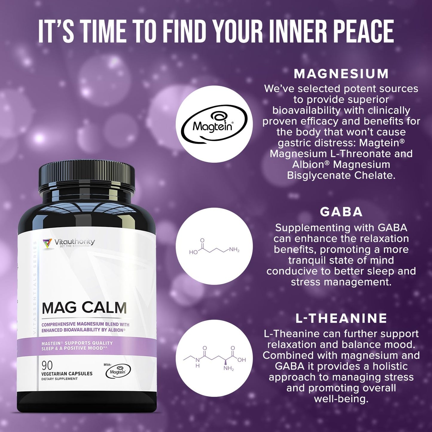 Vitauthority Magnesium L-Threonate Biglycenate Chelate Blend GABA and L-Theanine Sleep Support 90 Capsules 30 Servings