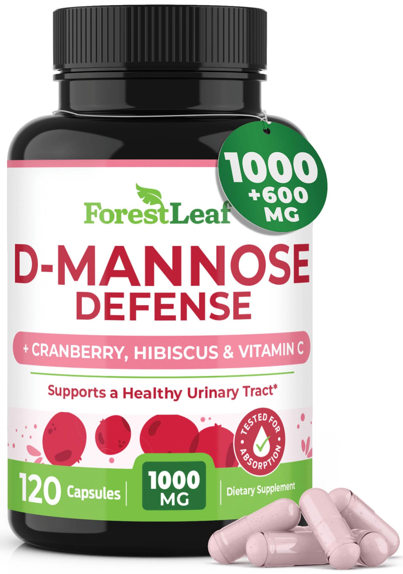 ForestLeaf D Mannose Supplements for Women & Men - D-Mannose 1000mg Capsules with Cranberry, Hibiscus & VIT C - DMannose Pills for UTI, Urinary Tract & Bladder Support - 120 Caps