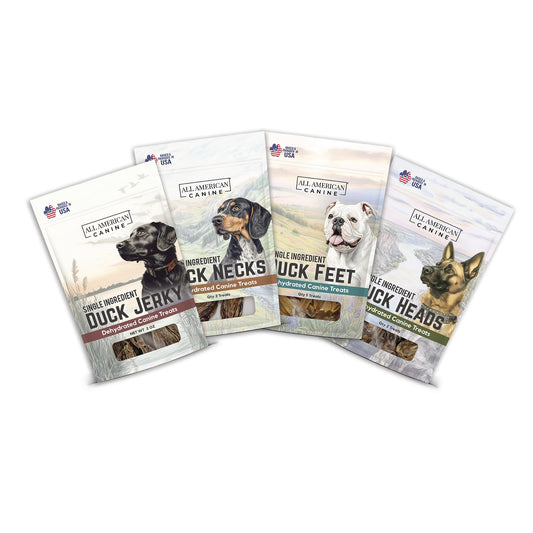 All American Canine Quack Pack – Dehydrated Duck Feet, Necks, Heads and Jerky for Dogs – Single Ingredient, High Protein Chews – Grain-Free, Made in USA