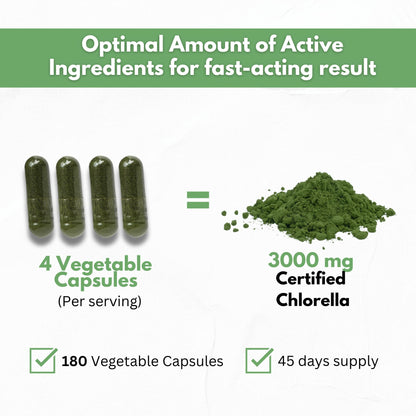 Chlorella Capsules 3000 mg - Cracked Cell Wall Blue Green Algae Supplement - Best Natural Detox Cleanse - Plant Vitamins Minerals Chlorophyll Vegan Protein Powder Pills - Made in USA