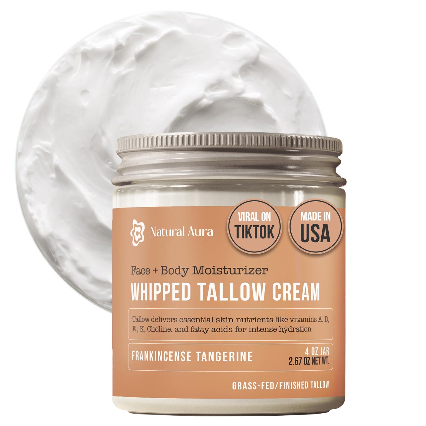 Whipped Beef Tallow for Skin - Face + Body Moisturizer, 100% Grass Fed Grass Finished Tallow and Honey Balm for Sensitive Skin - Natural Lotion - Free of Harsh Chemicals - 4oz, (Citrus Frankincense)