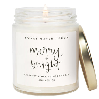 Sweet Water Decor Merry and Bright Candle - Bayberry, Fir, Nutmeg, and Clove Winter Holiday Scented Soy Candles for Home - 9oz Clear Jar, 40 Hour Burn Time, Made in The USA