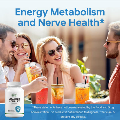 HUJ Vitamin B Complex - B Vitamins Supplement to Support Energy Metabolism, Cardiovascular Health - 60 Capsules
