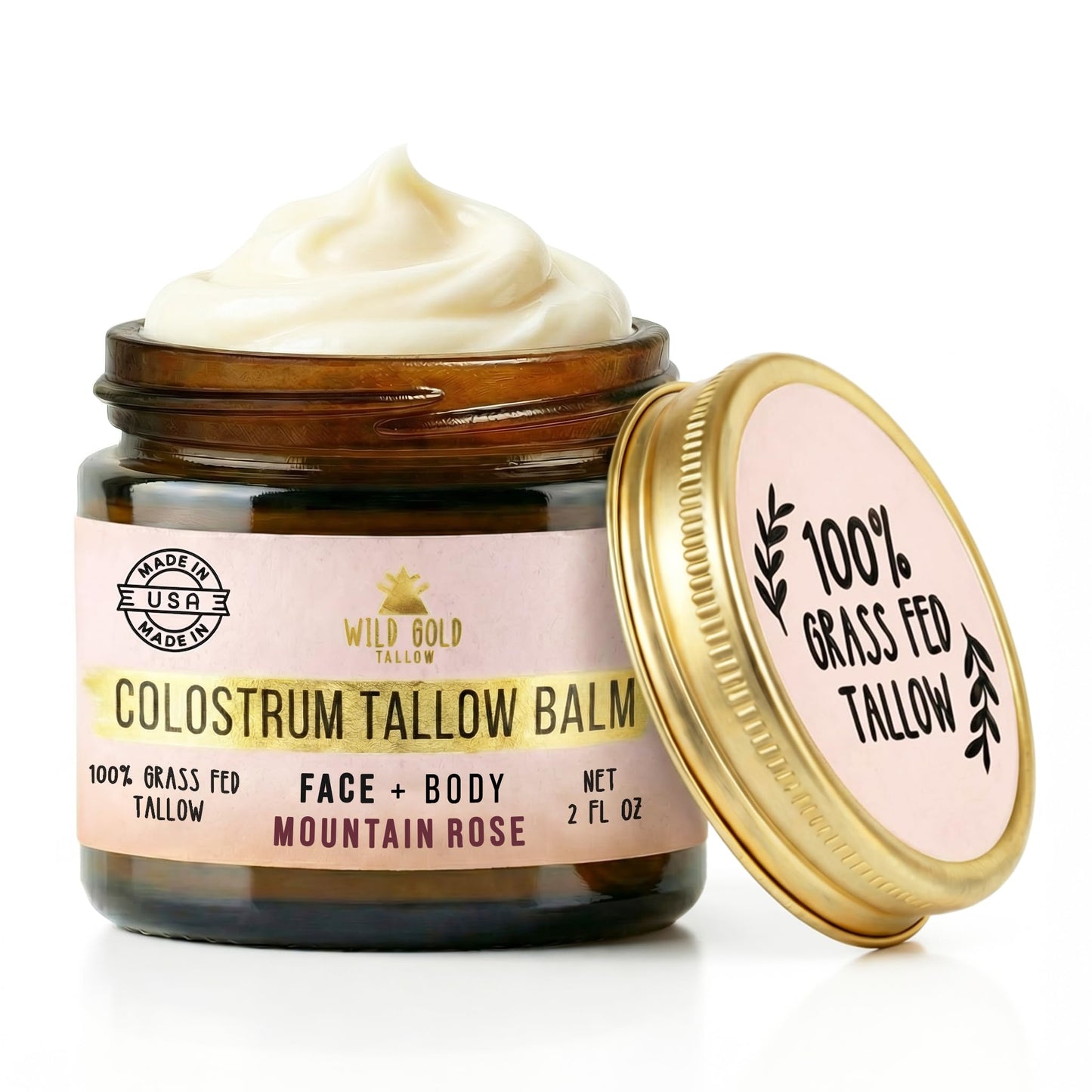 100% Grass Fed Tallow Balm with First Colostrum, Rose Oil & Emu Oil - Handmade in USA Whipped Beef Tallow for Face and Body, Beef Tallow for Skin Tallow Moisturizer (Mountain Rose) Scent