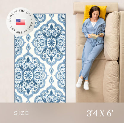 Maples Rugs Vivian Medallion Area Rugs - Made in USA - Washable, Non Slip, Pet-Friendly Mat for Bedroom, Office, and Entryway, 3'4 x 6', Blue/White