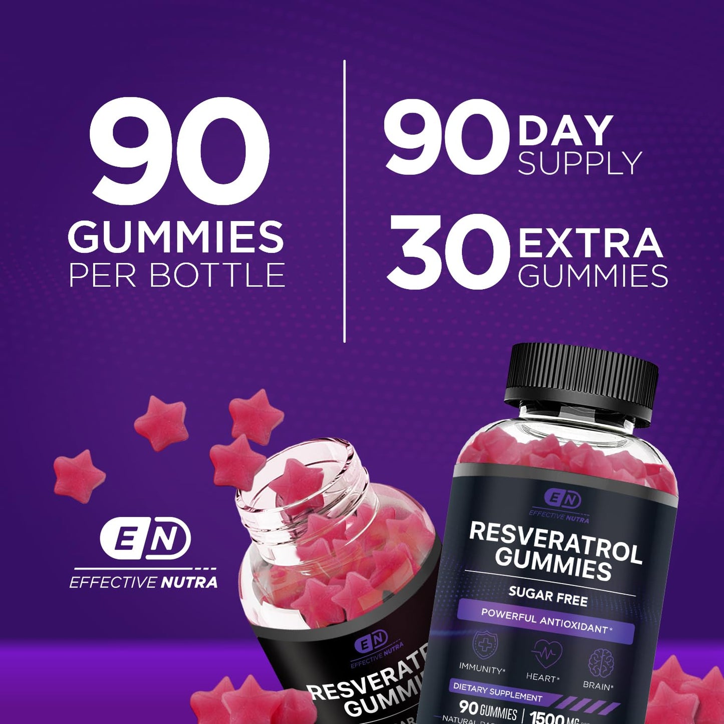 EFFECTIVE NUTRA Resveratrol Gummies 1500mg | Sugar-Free Supplement for Antioxidant Support, Immunity, Heart Health, and Brain Function | 45-Day Supply, Natural Berry Flavor, Made in USA (90 Count)