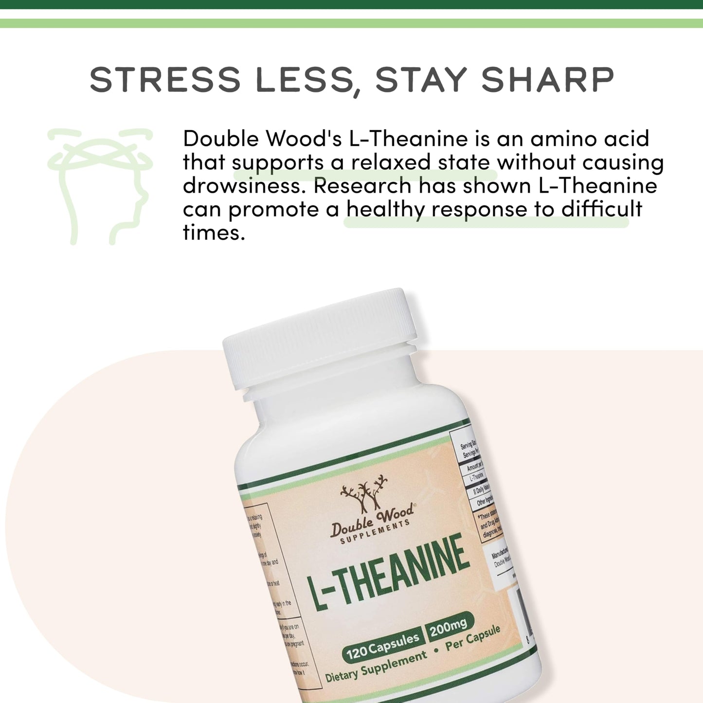 L-Theanine Supplement 200mg, 120 Capsules (Soy Free, Gluten Free, Non-GMO, Third Party Tested) Synergy with Magnesium L-Threonate and Apigenin by Double Wood