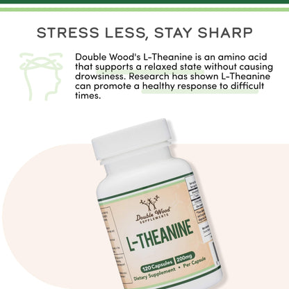 L-Theanine Supplement 200mg, 120 Capsules (Soy Free, Gluten Free, Non-GMO, Third Party Tested) Synergy with Magnesium L-Threonate and Apigenin by Double Wood