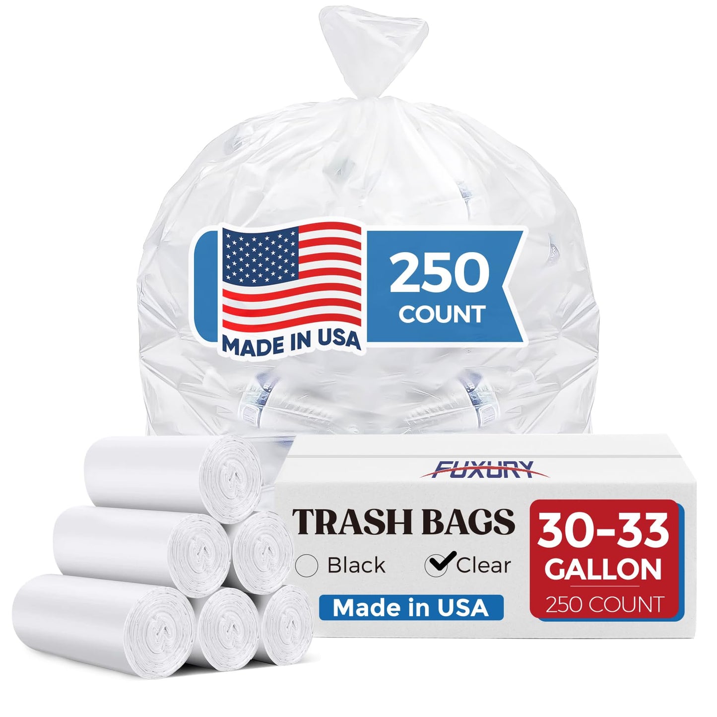 Fuxury 30-33 Gallon Trash Bags Medium Duty, 250 Count Garbage Bags, 32 x 38" Extra Large Clear Trash Bags, 0.6 Mil Plastic Bags for Serious Garbage Cleanup, Made in USA