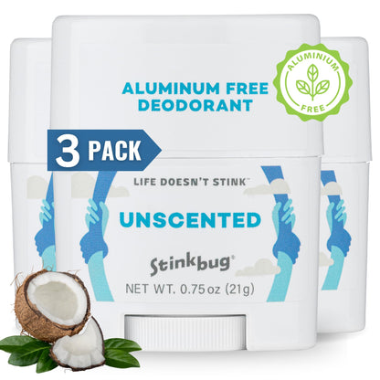 Stinkbug Naturals Aluminum Free Organic Travel Size Deodorant Stick with Unscented, Coconut Oil, Paraben Free, Sensitive Skin Deodorant, 0.75 Ounce Pack of 3
