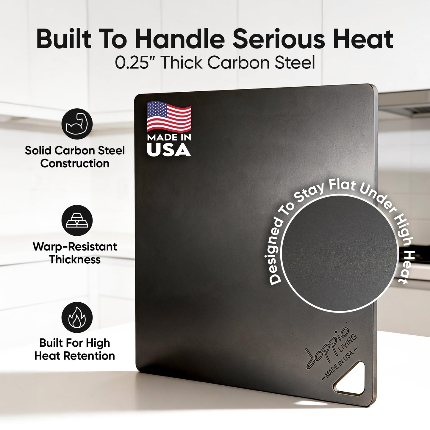 Doppio Living Pizza Steel for Oven | Made in USA | 16" x 14.25" | Pre-Seasoned Baking Steel for Bread, Pizza, Sourdough & More | Premium Quality Crust at Home | Use in Oven, Grill, BBQ | 1/4" Thick