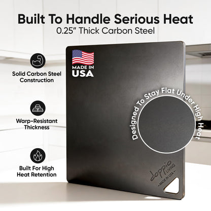 Doppio Living Pizza Steel for Oven | Made in USA | 16" x 14.25" | Pre-Seasoned Baking Steel for Bread, Pizza, Sourdough & More | Premium Quality Crust at Home | Use in Oven, Grill, BBQ | 1/4" Thick