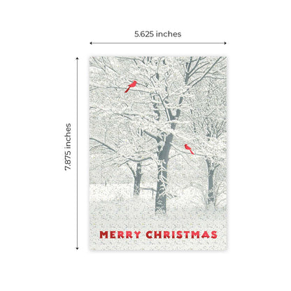 Masterpiece Snowy Trees And Cardinals Christmas Cards / 15 Winter Holiday Cards Set With Glitter And Red Foil With White Envelopes / 5 5/8" x 7 7/8" Sparkling Snow Greeting Cards With Inside Verse