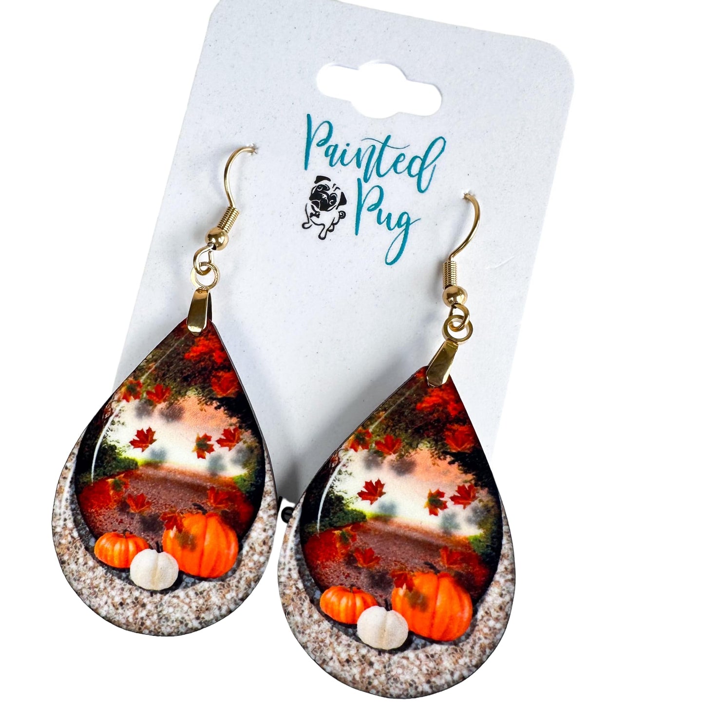 Fall Earrings for Women Autumn Lightweight Teardrop Pumpkin Thanksgiving Jewelry Dangle Fun Colorful Statement Handmade The Painted Pug (Fall Scene)