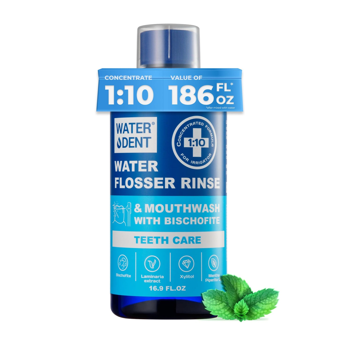 Concentrated Water flosser Rinse & Mouthwash | Add to Oral irrigator | Mint Flavor | When dilluted 186 fl.oz | Alcohol and Fluoride Free. Made in USA | Pack of 1 = 16.9 fl.oz WATER DENT