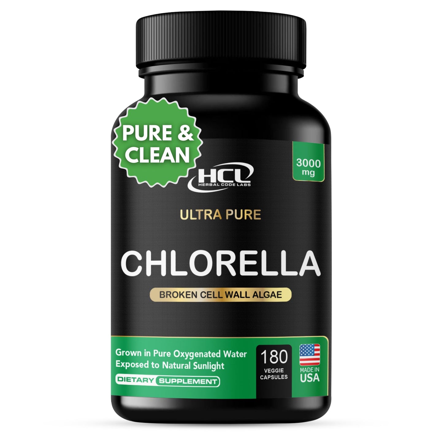 Chlorella Capsules 3000 mg - Cracked Cell Wall Blue Green Algae Supplement - Best Natural Detox Cleanse - Plant Vitamins Minerals Chlorophyll Vegan Protein Powder Pills - Made in USA