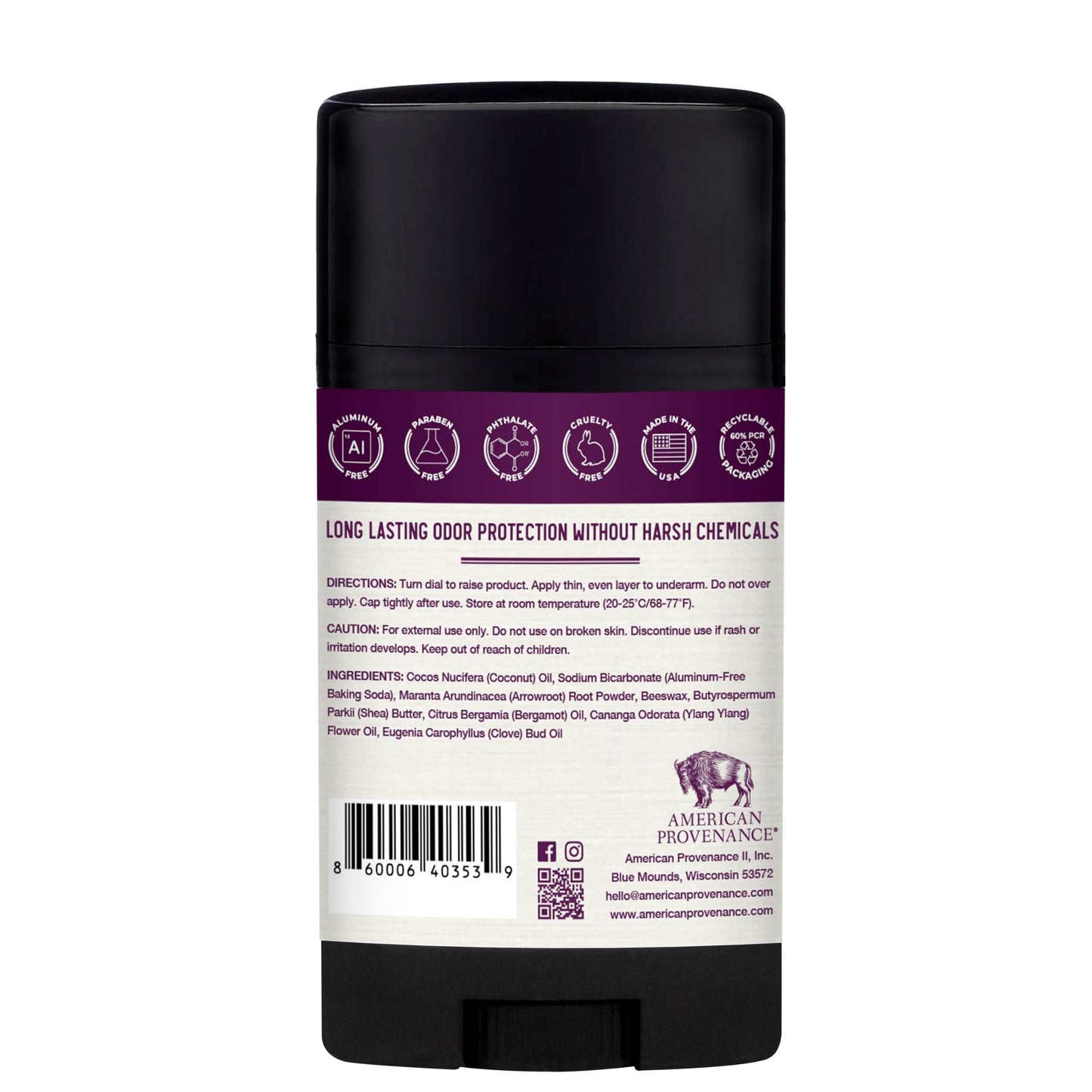 American Provenance Aluminum Free Natural Deodorant For Women and Men - Ylang Ylang and Clove - 24 Hour Odor Protection - Cruelty Free - Made in the USA (1 pack)