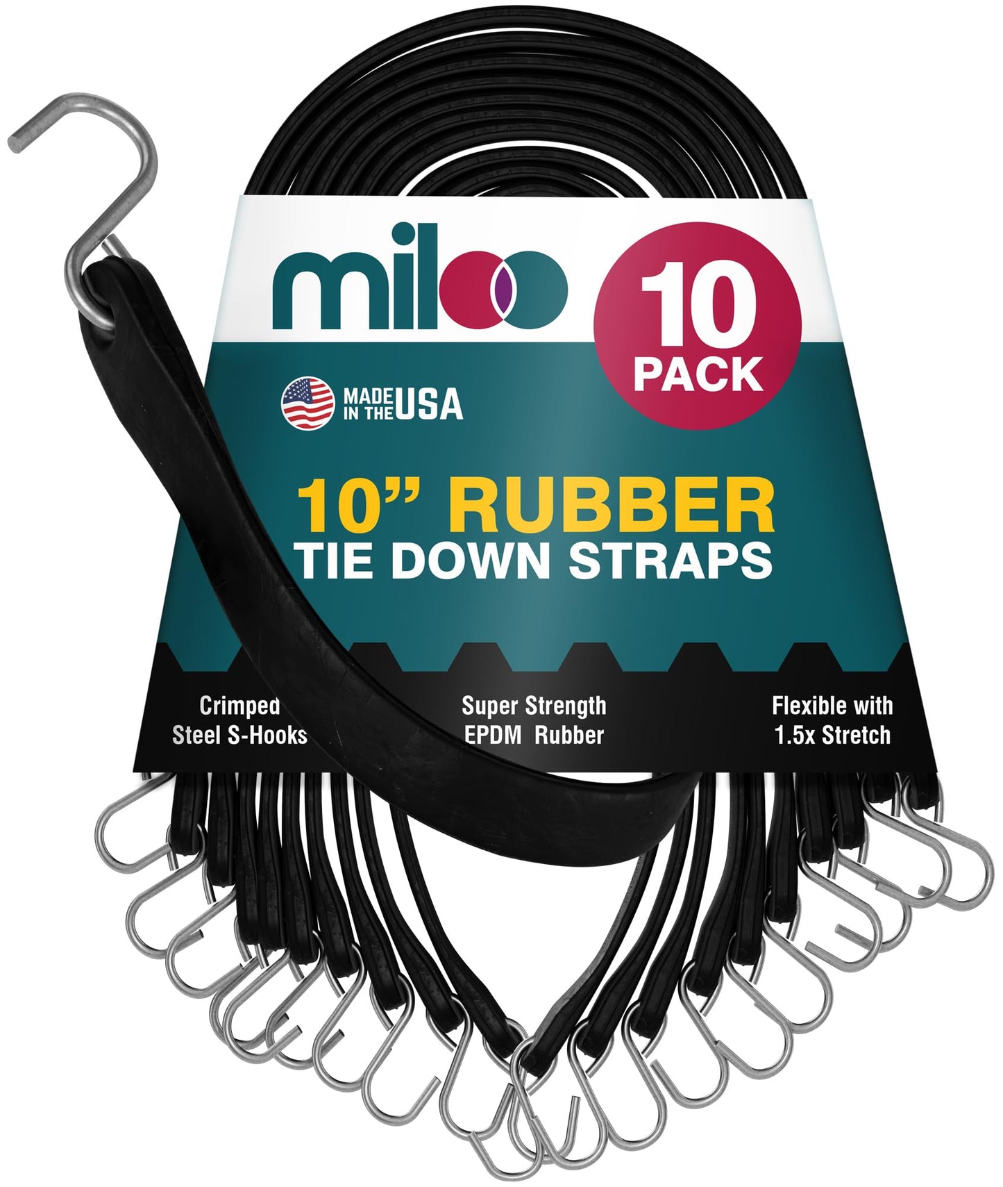 Miloo Rubber Bungee Cords with Hooks - Heavy Duty Tarp and Cargo Straps - Made in USA - 10 Inch Pack of 10
