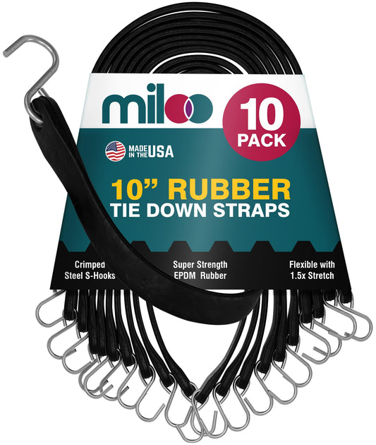 Miloo Rubber Bungee Cords with Hooks - Heavy Duty Tarp and Cargo Straps - Made in USA - 10 Inch Pack of 10