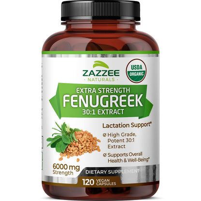 Zazzee USDA Organic Fenugreek 30:1 Extract, 6000 mg Strength, 120 Vegan Capsules, 4 Month Supply, Standardized and Concentrated 30X Extract, 100% Vegetarian, All-Natural and Non-GMO