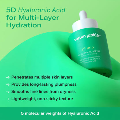 serum junkie PLUMP Hyaluronic Acid Serum with 5D Hyaluronic Complex, Ectoin, Plant Ceramides, Vitamins B5 & E, Deep Hydration, Strengthens Skin Barrier, Fragrance-Free, 1 fl oz
