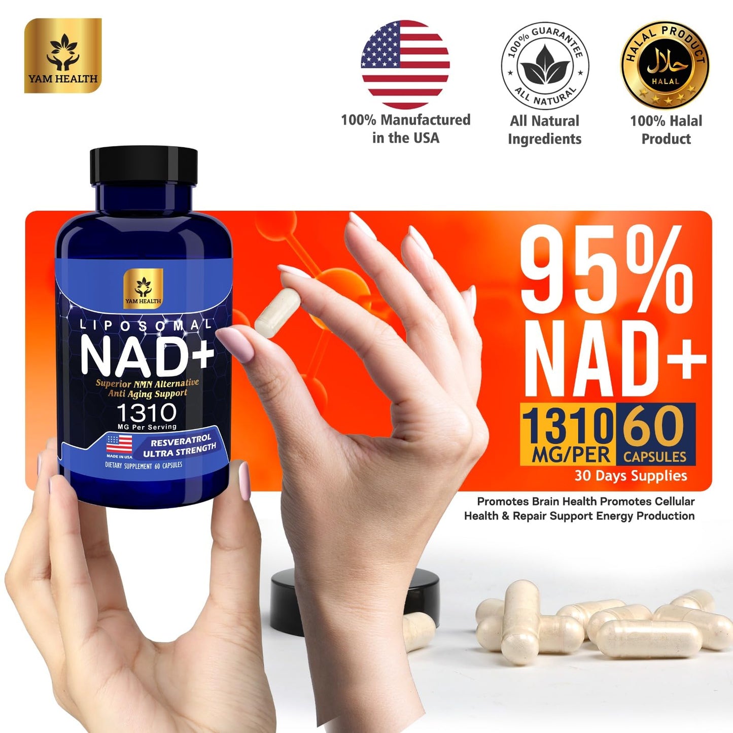 YAM Health Liposomal NAD Nicotinamide Riboside Equivalent with Trans-Resveratrol 300mg, Premium Halal NAD Supplement for Energy Metabolism, DNA Repair and Longevity, Vegan, Non-GMO (60 Count)