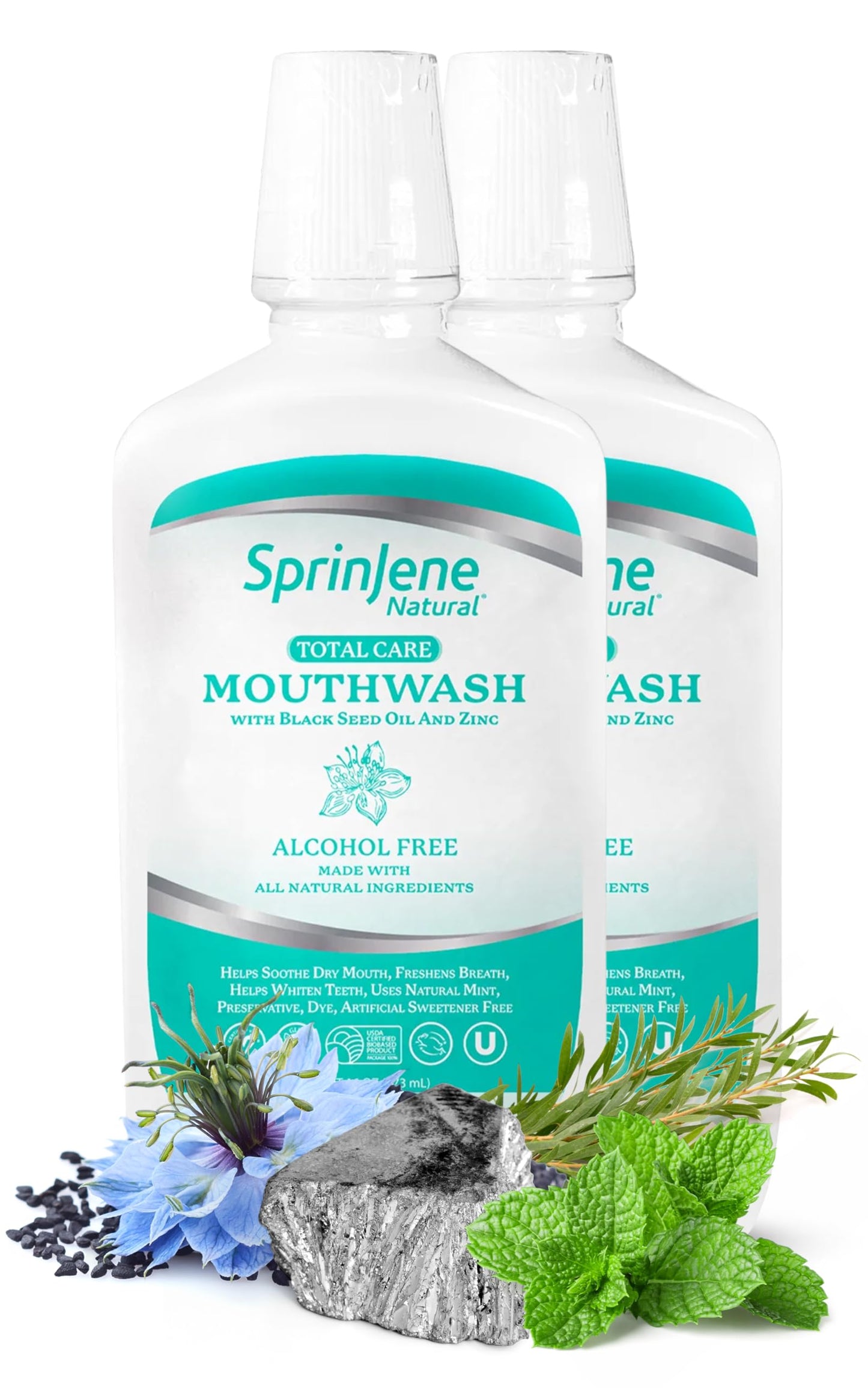 SprinJene Alcohol Free Mouthwash with Xylitol – Fluoride Free Natural Mouthwash for Dry Mouth, Whitening & Fresh Breath – Patented Black Seed Oil & Zinc Formula – Vegan & Made in The USA (2 Pack)