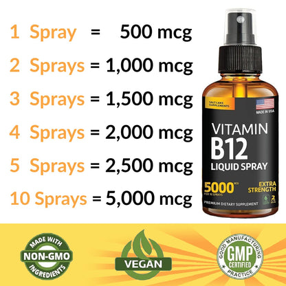 Vitamin B12 Sublingual Spray 5000 mcg – Vegan Methylcobalamin Liquid B12 Boost Energy, Mood & Brain Health - Gluten-Free, Non-GMO B12 Spray for Men & Women - Easy Dosage (5000 mcg in 10 Sprays)