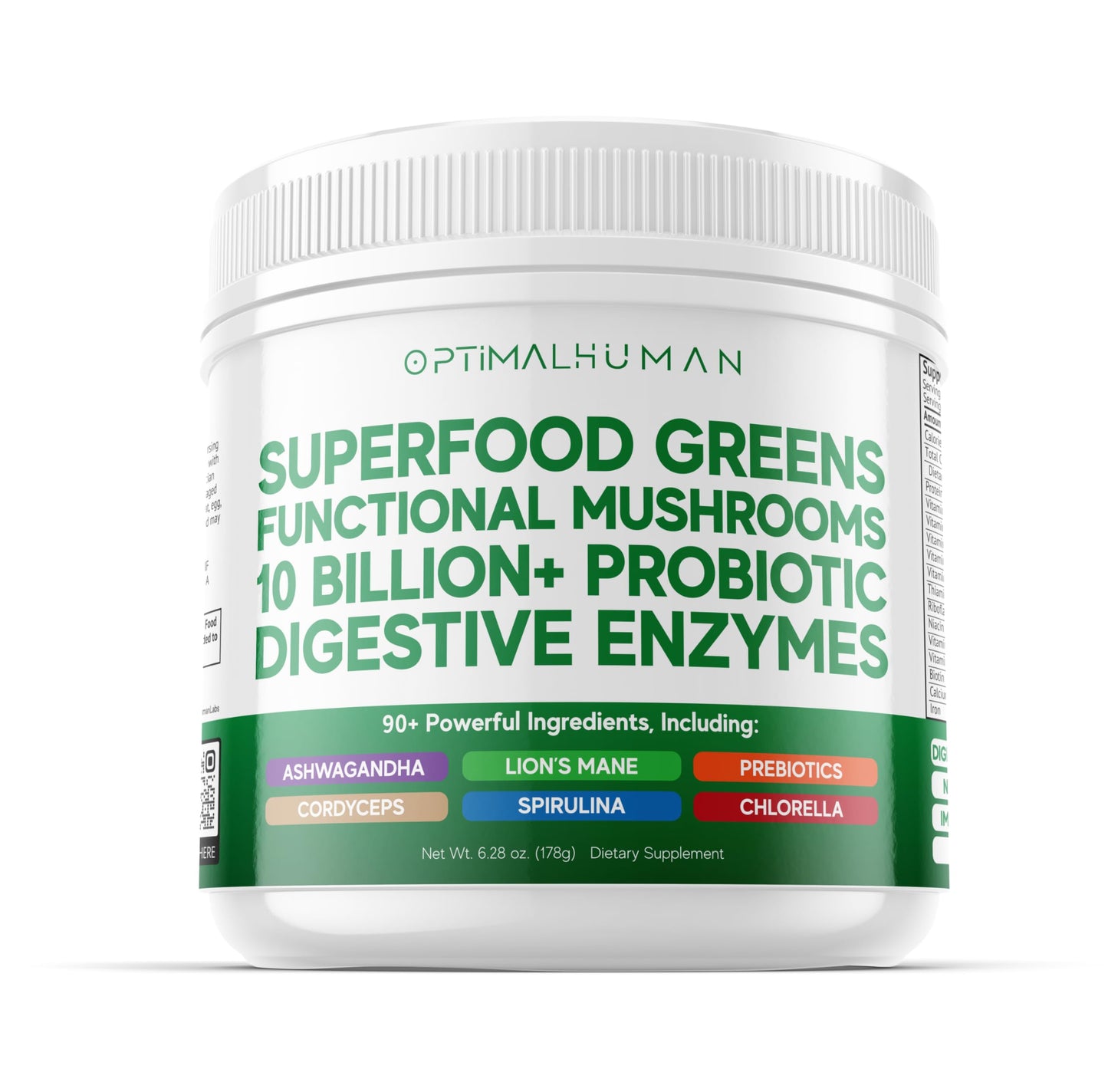 Optimal Human Superfood Greens Powder | 90+ Premium Non-GMO Ingredients | Organic Spirulina, Chlorella, Ashwagandha, Lion's Mane, 10+ Billion Probiotic & Digestive Enzymes | Energy, Longevity