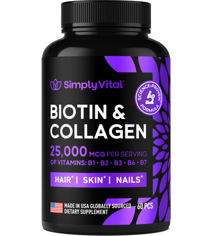 Biotin and Collagen Supplements with Keratin - Hair Vitamins - Hair Skin & Nails Vitamins with Biotin, Collagen, B Complex - Made in USA - Biotin Supplement for Strong Hair, Skin & Nails - 60 Capsules