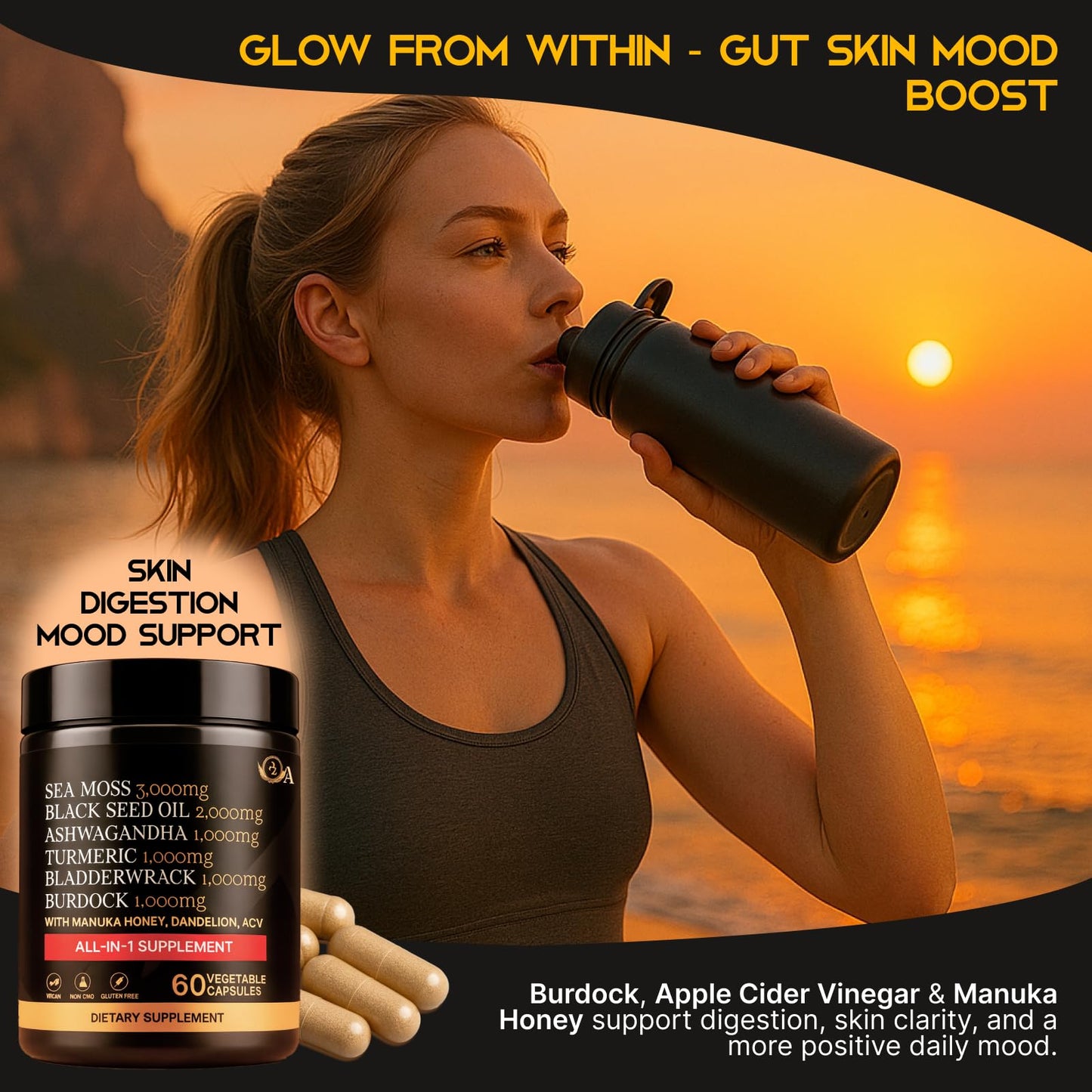 AZ ApexZone Sea Moss Capsules - Health Supplements - True Seamoss Black Seed Oil Ashwagandha Burdock Root, Tumeric Supplement with Manuka Honey, Dandelion Root ACV - 60 Capsules