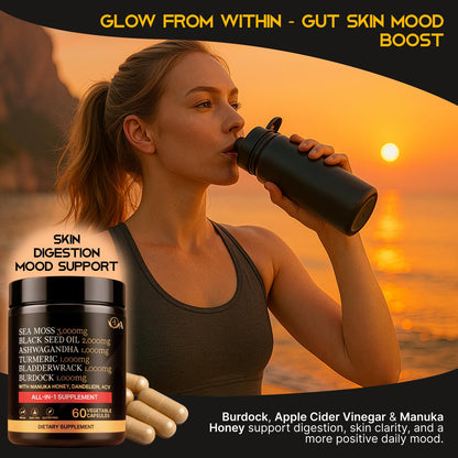 AZ ApexZone Sea Moss Capsules - Health Supplements - True Seamoss Black Seed Oil Ashwagandha Burdock Root, Tumeric Supplement with Manuka Honey, Dandelion Root ACV - 60 Capsules