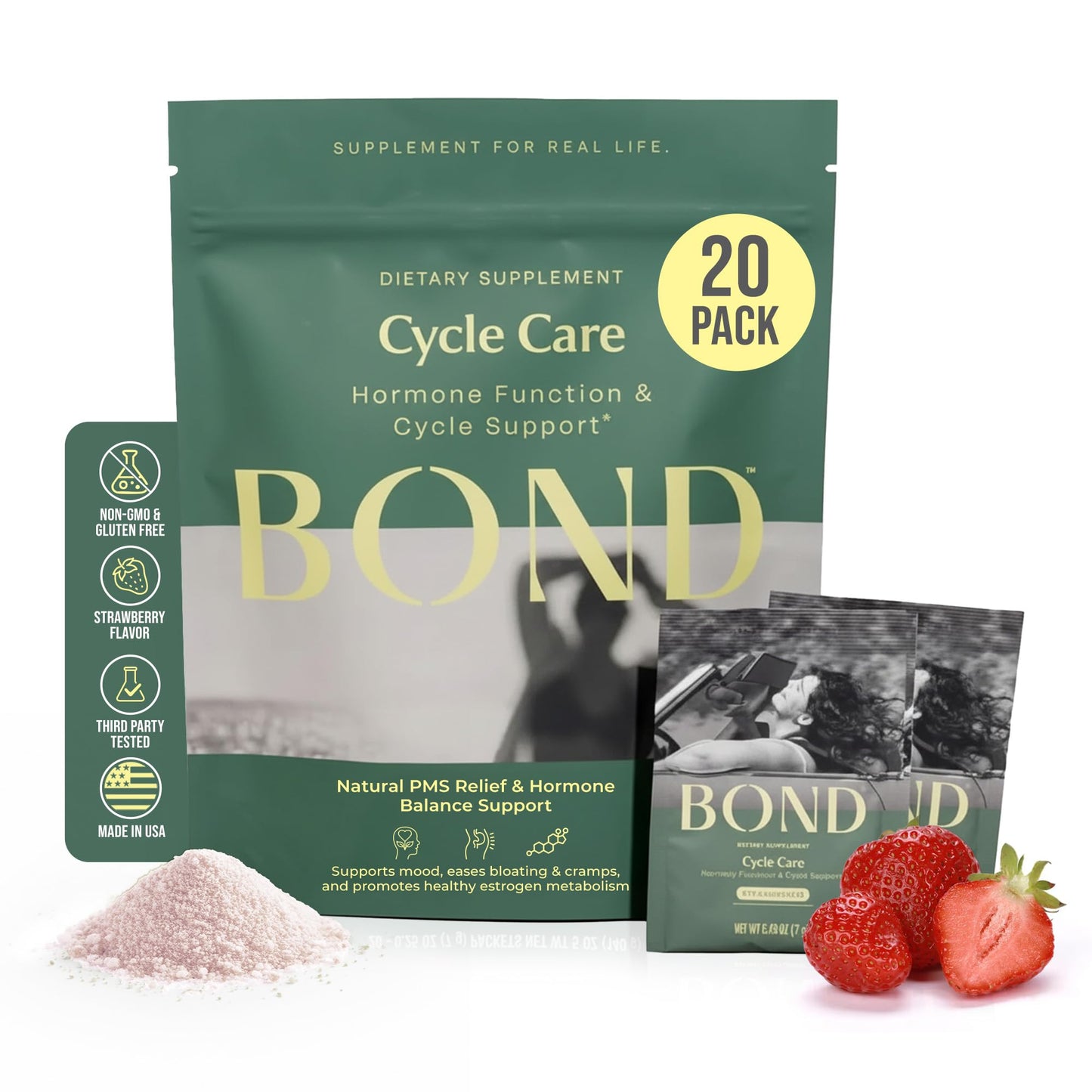 BOND Cycle Care – PMS Support Supplement & Hormone Balance for Women – Cortisol Reducer with Ashwagandha, L-Tryptophan, Magnesium, Cramps & Mood Relief, Strawberry Drink Mix - 20 Travel Packs