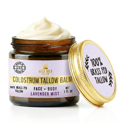 100% Grass Fed Tallow Balm with First Colostrum & Emu Oil - Handmade in USA Whipped Beef Tallow for Face and Body, Sensitive Skin Tallow Moisturizer made with True First Colostrum, (Lavender Mist)