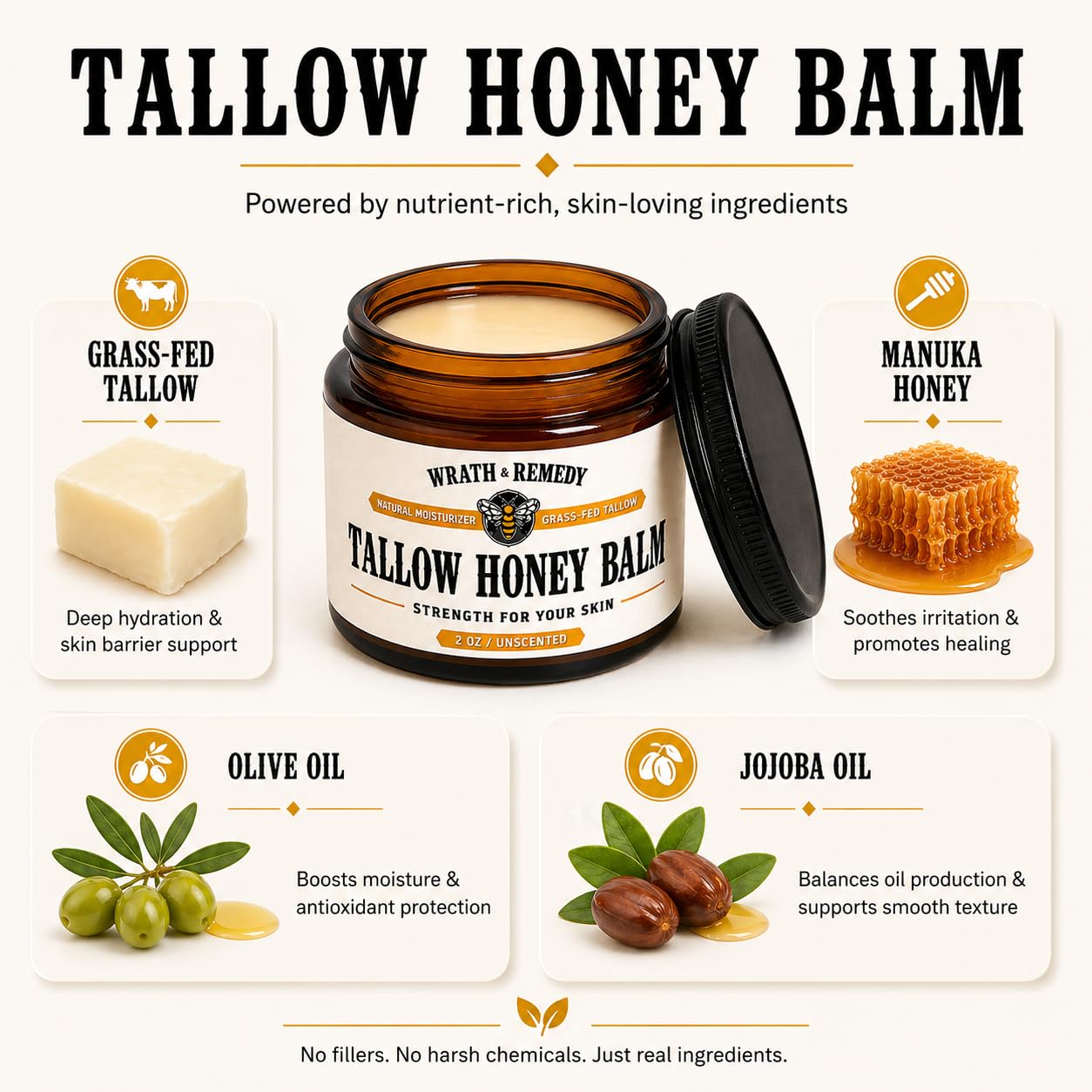 Organic Beef Tallow for Skin - 2OZ (Unscented, Concentrated) — US-Made Grass Fed Tallow and Honey Balm Moisturizer for Face, Hands & Body — Intensive Care for Dry Sensitive Skin, Eczema (No Additives)
