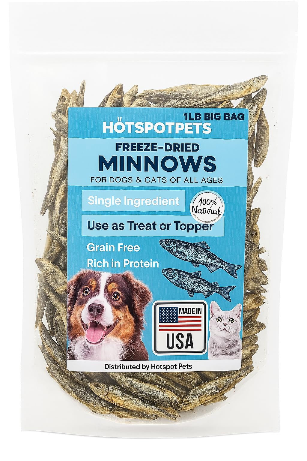 hotspot pets Freeze Dried Minnows - Healthy Treats for Cats & Dogs -1 Pound Big Bag (Made in USA) All Natural, High Protein, Rich in Omega-3s, Grain-Free,Perfect for Training, Topper or Snack