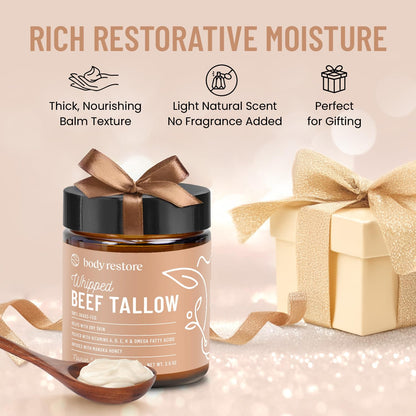 Body Restore Grass Fed Whipped Beef Tallow for Skin, Face, Body, Dry Skin - with Manuka Honey, Jojoba Oil, Birthday Gifts for Women, Men, Travel Essentials, Self Care - Unscented