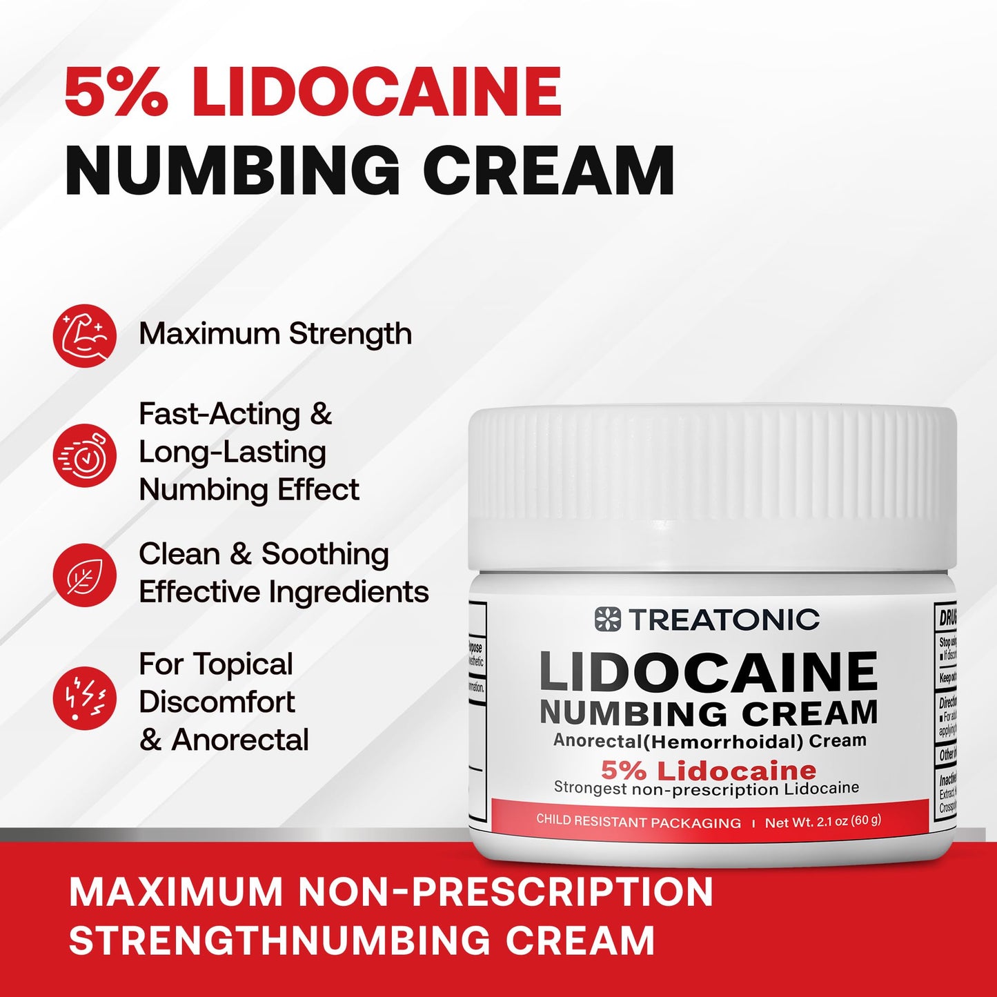 5% Lidocaine Numbing Cream: Lidocaine Cream Maximum Strength for Pain Relief, Itching, Burning, Soreness, Hemorrhoid - Fast Acting & Long Lasting Numbing Cream- 2.1 oz (2-Pack)