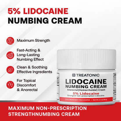 5% Lidocaine Numbing Cream: Lidocaine Cream Maximum Strength for Pain Relief, Itching, Burning, Soreness, Hemorrhoid - Fast Acting & Long Lasting Numbing Cream- 2.1 oz (2-Pack)