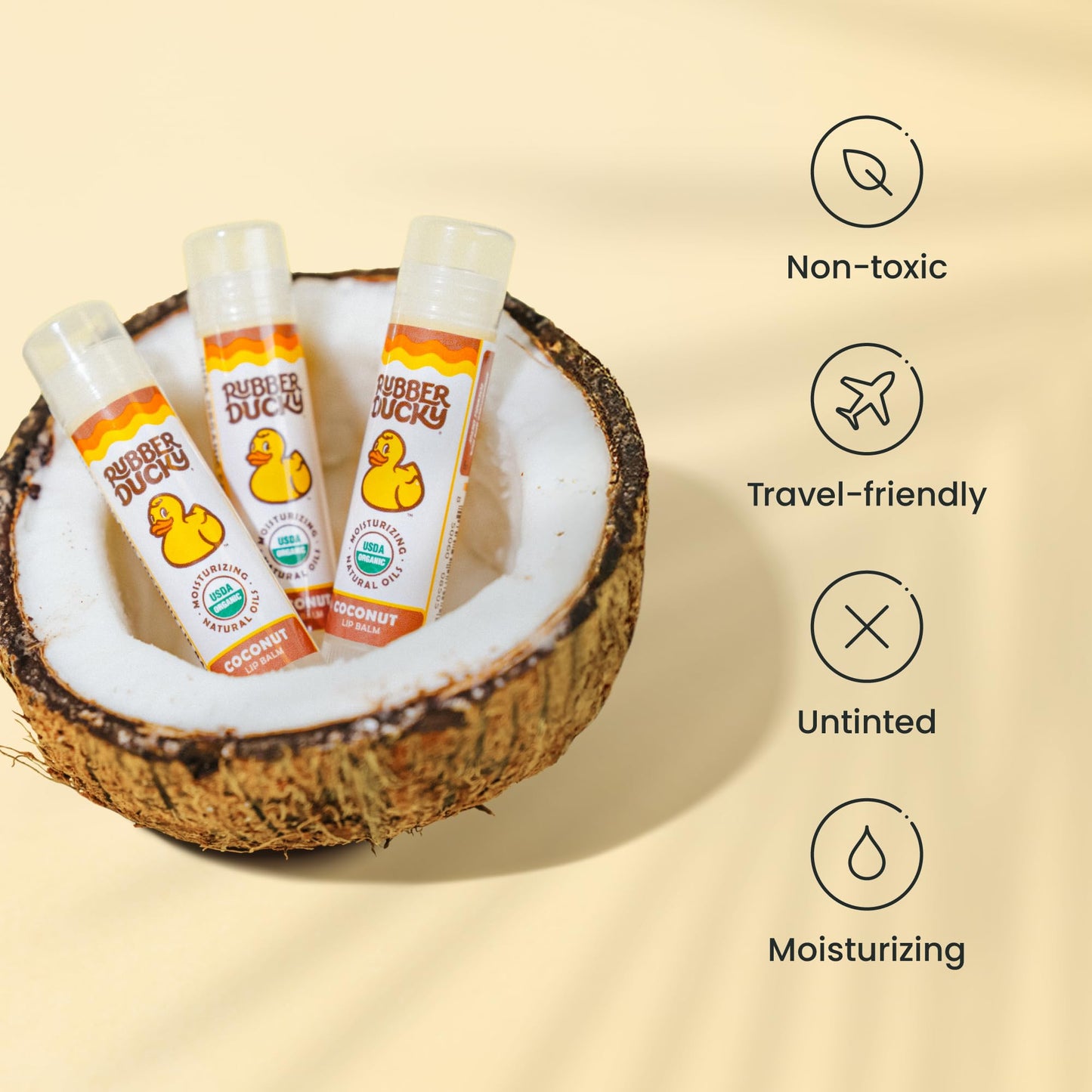 Rubber Ducky Sunscreen - Organic Lip Balm for Women, All Natural Lip Balm Stick with Vitamin E - Moisturizing & Hydrating Chap Stick for Dry Lips - Untinted and Non-Toxic Lip Care - Coconut, 3 Pack