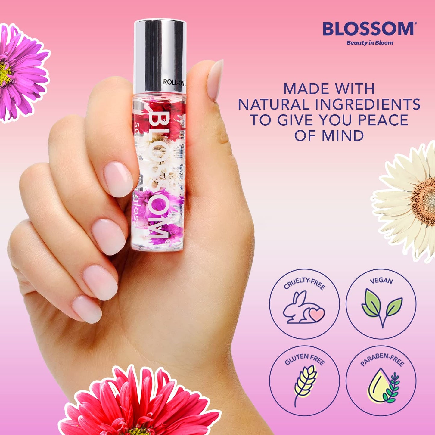 Blossom Roll on Lip Gloss, Scented Clear High Shine Moisturizing Lip Oil, Non Sticky, Infused with Real Flowers, Made in USA, 0.2oz, Strawberry