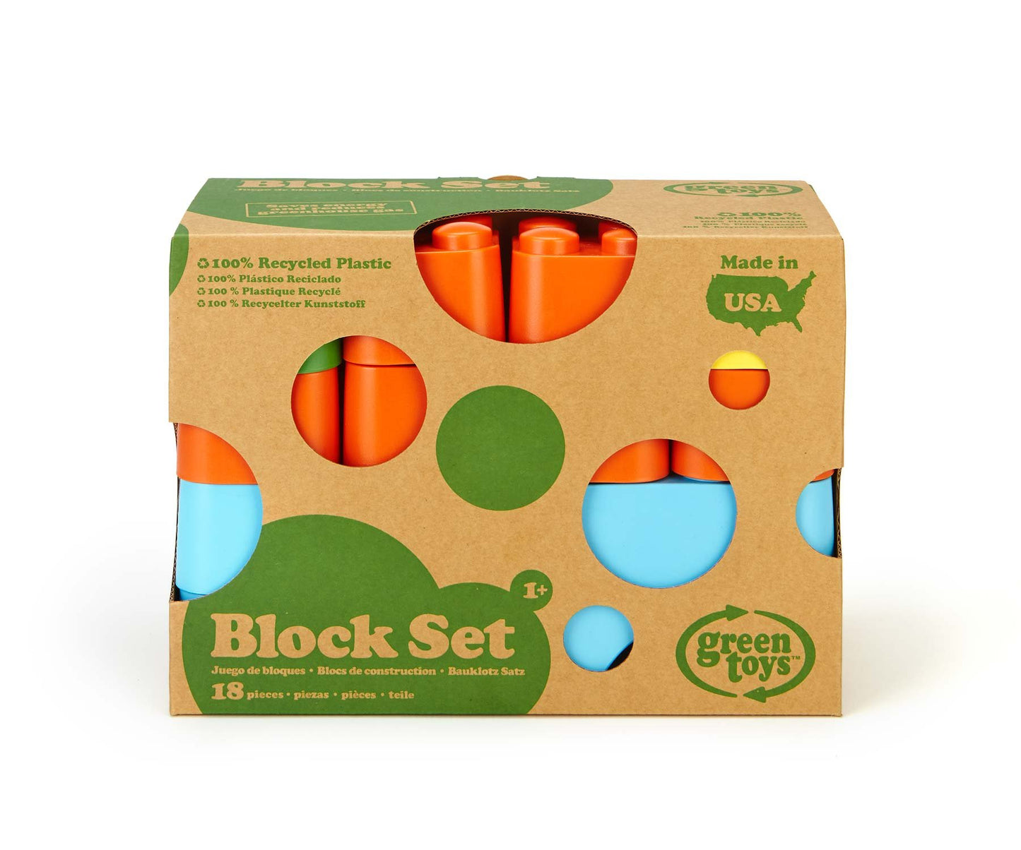 Green Toys Block Set - 18 Piece Pretend Play, Motor Skills, Building and Stacking Kids Toy Set. No BPA, phthatates, PVC. Dishwasher Safe, Recycled Plastic, Made in USA.